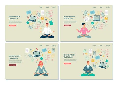 Banners with people resting of information overload, flat vector illustration. Stock Illustration
