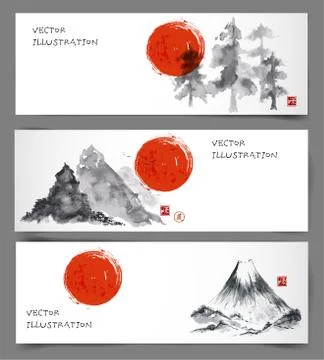 Banners with pine trees, red sun and mountains Stock Illustration