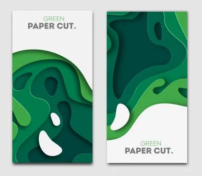 Banners set 3D abstract background, green paper cut shapes. Vector design layout Stock Illustration