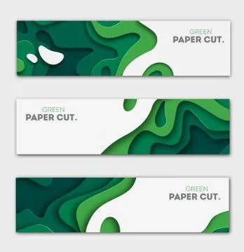 Banners set 3D abstract background, green paper cut shapes. Vector design layout Stock Illustration