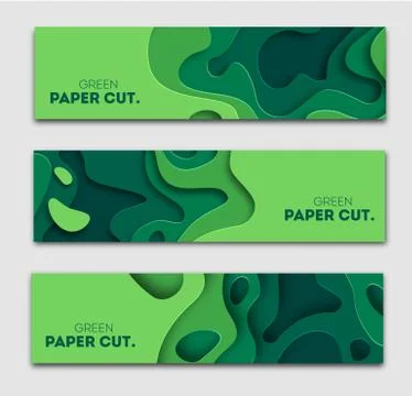 Banners set 3D abstract background, green paper cut shapes. Vector design layout Stock Illustration