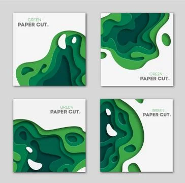 Banners set 3D abstract background, green paper cut shapes. Vector design layout Stock Illustration
