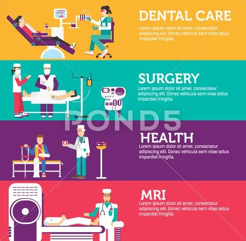 Banners set of clinic dental, surgery, health care and medical examination Stock Illustration