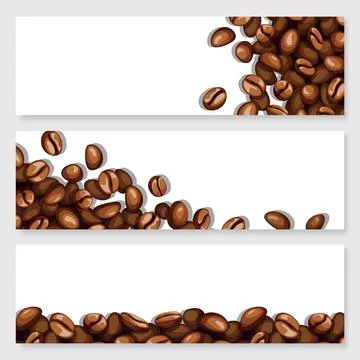 Banners set of roasted coffee beans scattered over a surface with empty space Stock Illustration