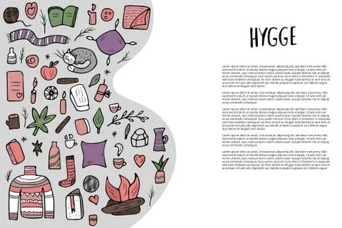 Banners template with hygge things. Vector isolated symbols of comfort in doo Stock Illustration