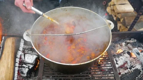 Banosh on fire in a pan Stock Footage 107659279