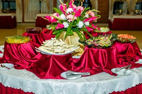 Banquet Buffet Assorted Salads Table,Catering Food Stock Photos