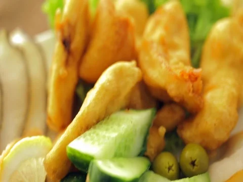Banquet: fruit, fish and meat closeup Stock Footage 75803580