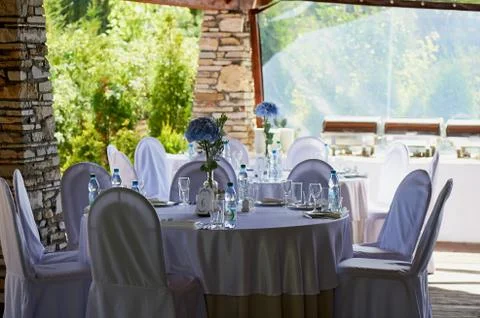 Banquet hall other function facility set for fine dining. selective focus Stock Photos