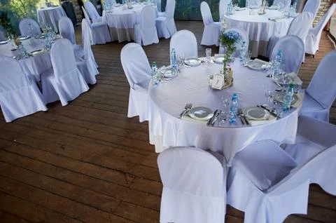 Banquet hall other function facility set for fine dining. selective focus Stock Photos