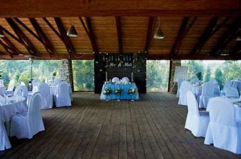 Banquet hall other function facility set for fine dining. selective focus Stock Photos