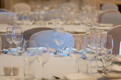 Banquet hall in the restaurant with table setting Stock Photos