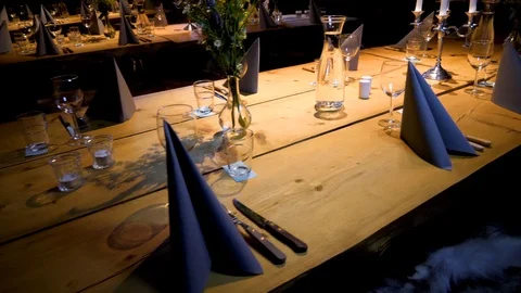 Banquet hall at a rustic venue set up for a large party, meal and Stock Footage 115700165