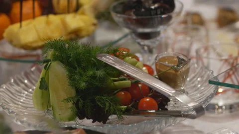 Banquet table with dishes Stock Footage 102284779