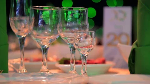 Banquet table with glasses Stock Footage 99611344