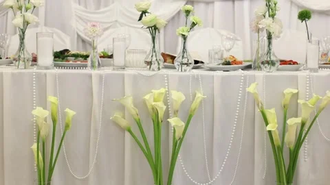 Banquet table, there are different dishes at the celebration Stock Footage 331524237