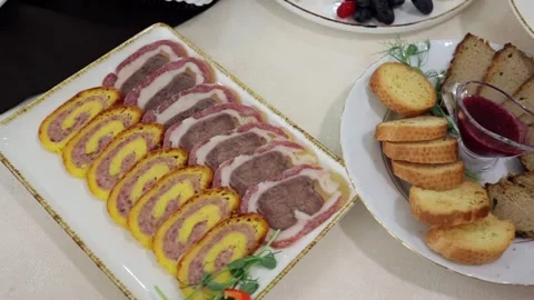 Banquet table, there are different dishes at the celebration Stock Footage 331524249