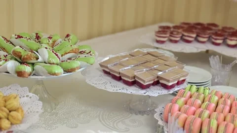 Banquet table, there are various sweet snacks at the celebration. Buffet table Stock Footage 331524217