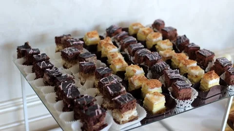 Banquet table, there are various sweet snacks at the celebration. Buffet table Stock Footage 331524226