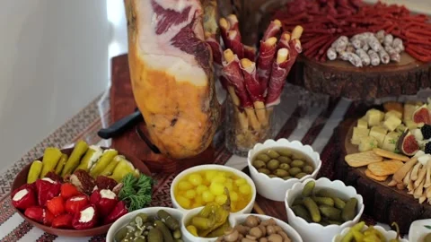 Banquet table, there are various snacks at the holiday. Cossack table Stock Footage 331524231