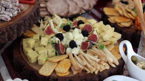 Banquet table, there are various snacks at the holiday. Cossack table Stock Footage 331524234