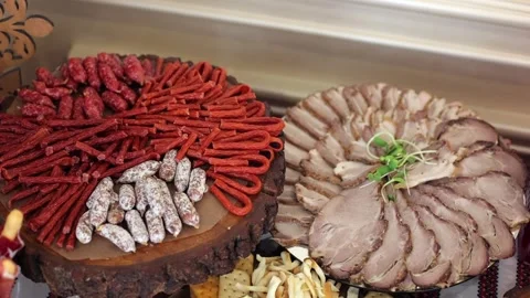 Banquet table, there are various snacks at the holiday. Cossack table Stock Footage 331524235