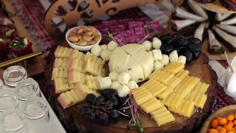 Banquet table, there are various snacks at the holiday. Cossack table Stock Footage 331524238