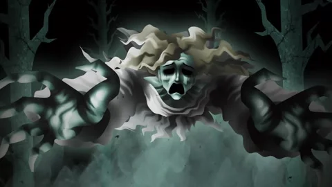 Banshee ghost screaming and flying through a dark forest at night 스톡 동영상 342363860