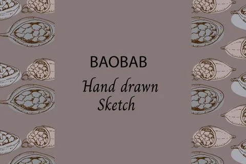Baobab beans - sketch outline background on dark Stock Illustration
