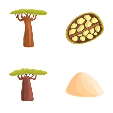 Baobab icons set cartoon vector. African baobab tree and fruit with seed Stock Illustration