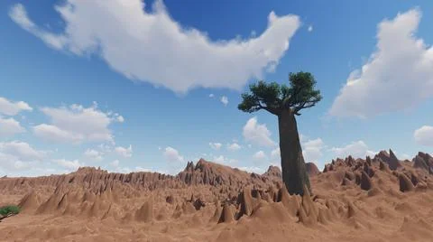 Baobab tree in African landscape Stock Illustration