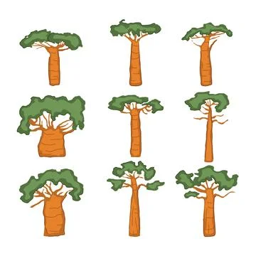 Baobab tree set cartoon vector illustration Stock Illustration