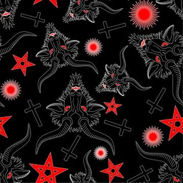 Baphomet Demon pattern seamless. Satanic background. Satan with goat head orn 库存插图