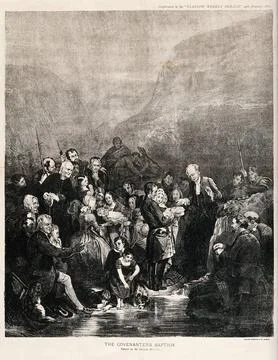 A baptism according to the Covenanters' rite. Lithograph after Sir G. Harvey. Stock Illustration