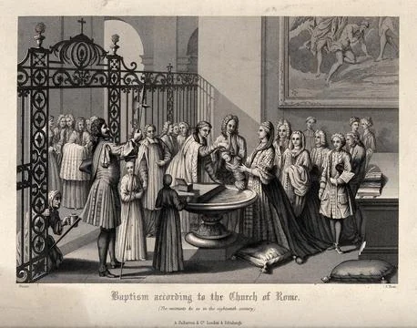 A baptism according to the Roman Catholic rite. Engraving by A. Thom after .. Stock Illustration