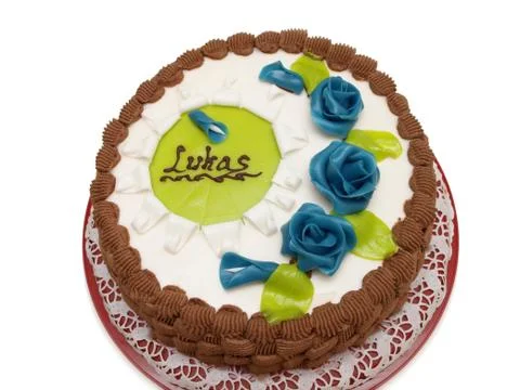 Baptism cake, white sugar paste, blue roses Stock Photos