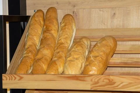 Baquette on the counter display Stock Photos