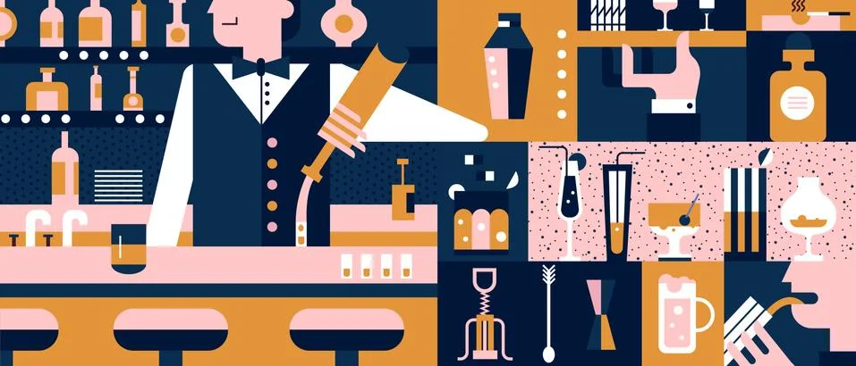 Bar and bartender background flat Stock Illustration