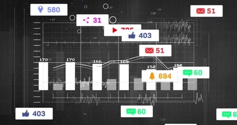 Bar-and-line chart appearing with bars rising, trendline wavering while icons Stock Footage 326305286