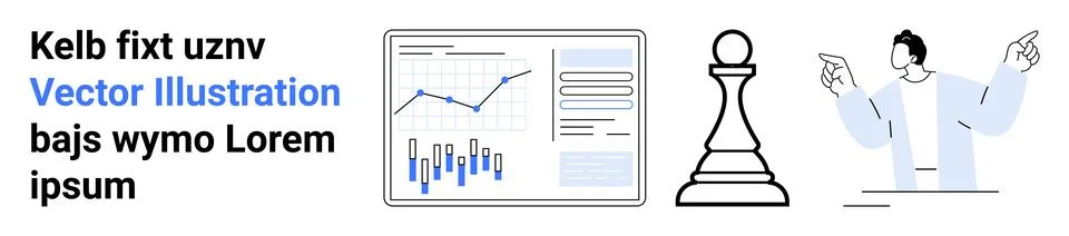Bar and line chart, chess piece, and a person pointing. Ideal for data analyt Stock Illustration
