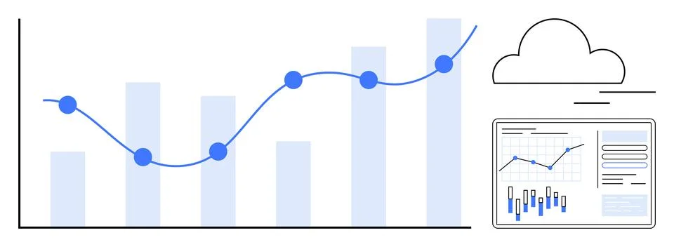 Bar and line chart with data points, cloud storage icon, and digital dashboar Stock Illustration
