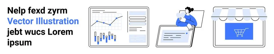 Bar and line chart on screen, person holding a tablet and laptop, storefront  Stock Illustration