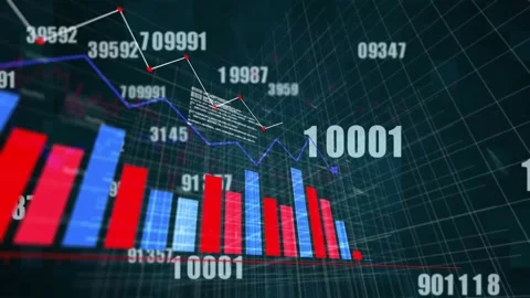 Bar and line charts with numerical data animation over dark grid background Stock Footage 329289626