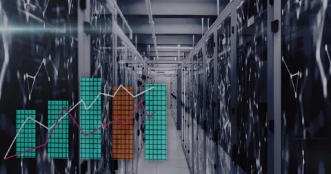 Bar and line graph animation over server racks in data center Vídeos de archivo 303794187