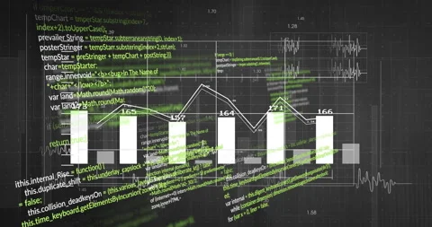 Bar and line graph animation over green programming code and data Stock Footage 306719512