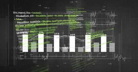 Bar and line graph image over green programming code and data Stock Illustration