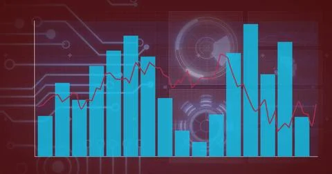 Bar and line graph image over digital circuit board background Foto stock