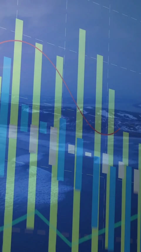 Bar and line graphs animation over aerial view of ocean and coastline Stock Footage 344370548