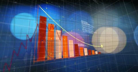Bar and line graphs with data points image over blue and orange background Stock Photos