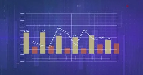 Bar and line graphs with numerical data over blue digital image background 스톡 일러스트